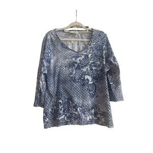 Chico’s White and Blue Paisley Boho Design V-neckline Cotton and Modal Blend Top